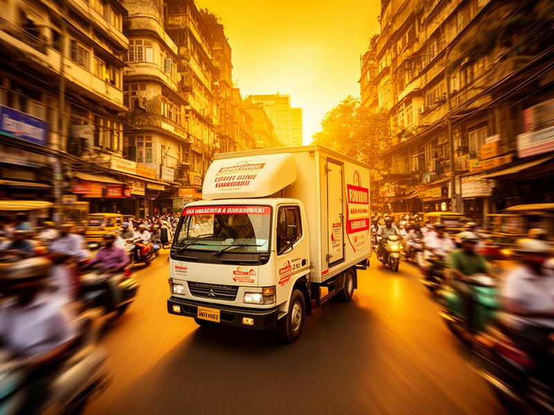 Delivery truck speeding through Andheri city streets for fast courier pickup